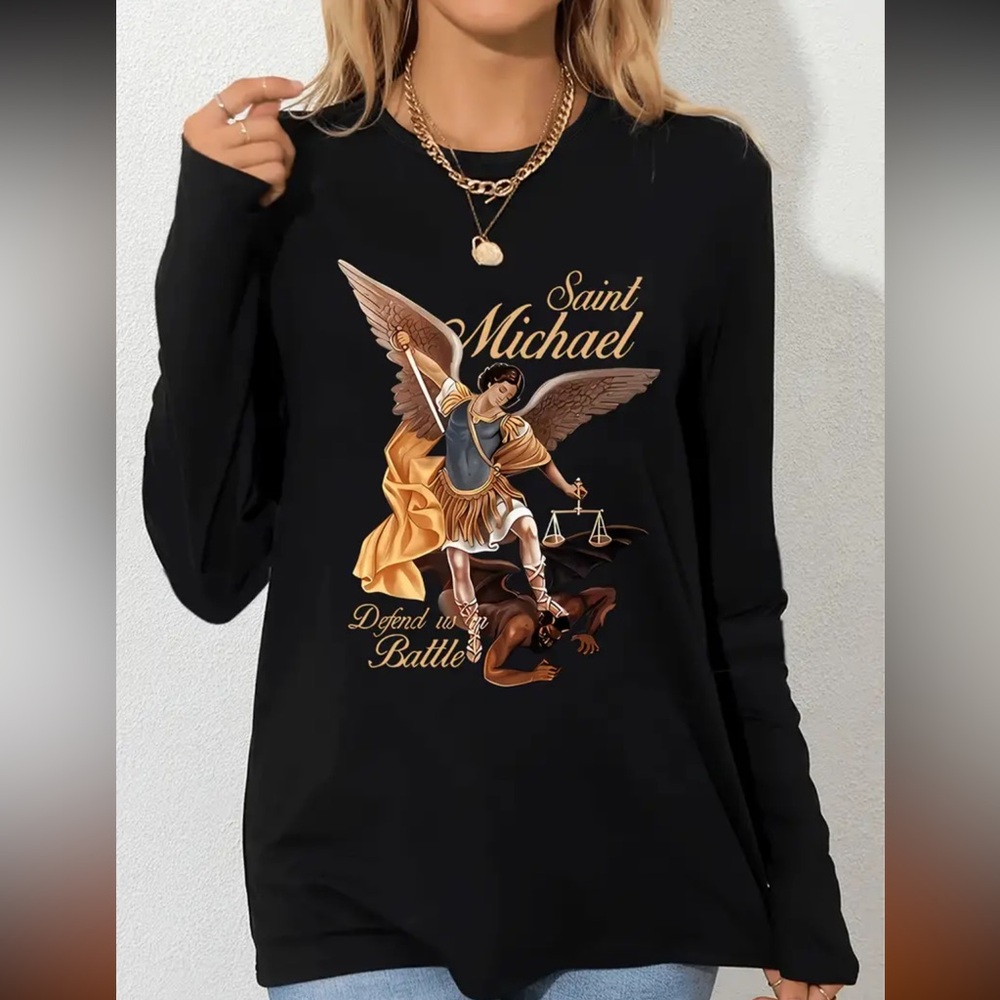 Saint Michael Defend us in Battle black long sleeves graphic tee women XXL new